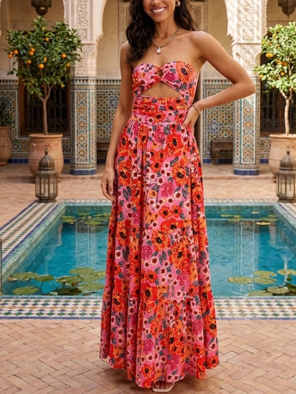 Petal & Pup Pink and Orange Floral Cutout Midi Dress